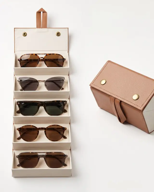 A tan leather roll-up case holding five pairs of sunglasses